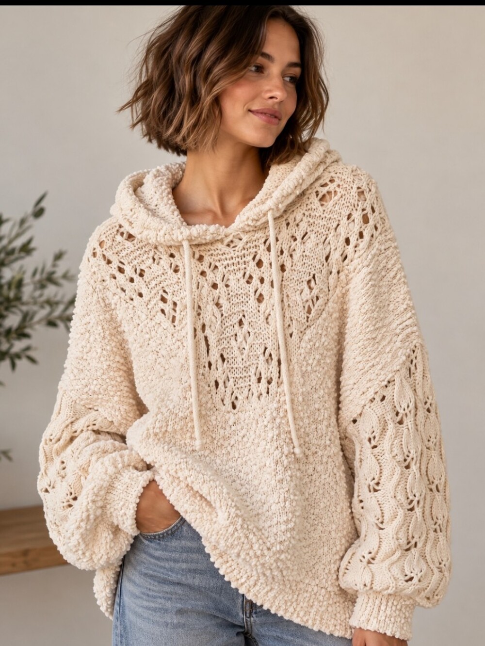 POL Chunky Knit Hooded Sweater L Cream Boho Cozy